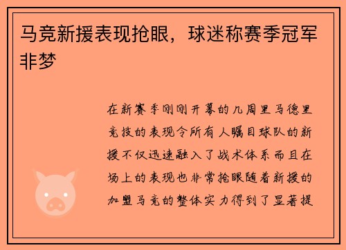 马竞新援表现抢眼，球迷称赛季冠军非梦