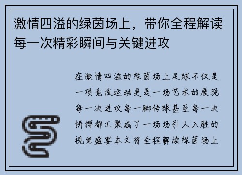 激情四溢的绿茵场上，带你全程解读每一次精彩瞬间与关键进攻